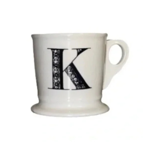 Anthropologie Mug K Initial Shaving Barber Cup Monogram White Black Boho 12 oz - Picture 7 of 7
